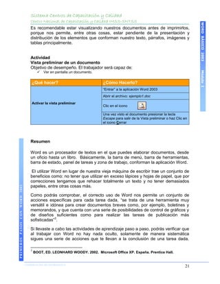 Sistema Centros de Capacitación y Calidad
                                   Centro Nacional de Capacitación y Calidad IMSS-SNTSS




                                                                                                                                      WORD BÁSICO 2003
                                   Es recomendable estar visualizando nuestros documentos antes de imprimirlos,
                                   porque nos permite, entre otras cosas, estar pendiente de la presentación y
                                   distribución de los elementos que conforman nuestro texto, párrafos, imágenes y
                                   tablas principalmente.


                                   Actividad
                                   Vista preliminar de un documento
                                   Objetivo de desempeño. El trabajador será capaz de:
                                         




                                                                                                                                      Módulo I
                                             Ver en pantalla un documento.


                                    ¿Qué hacer?                              ¿Cómo Hacerlo?
                                                                             “Entrar” a la aplicación Word 2003
                                                                             Abrir el archivo: ejemplo1.doc
                                    Activar la vista preliminar
                                                                             Clic en el icono

                                                                             Una vez visto el documento presionar la tecla
                                                                             Escape para salir de la Vista preliminar o haz Clic en
                                                                             el icono Cerrar




                                   Resumen

                                   Word es un procesador de textos en el que puedes elaborar documentos, desde
                                   un oficio hasta un libro. Básicamente, la barra de menú, barra de herramientas,
                                   barra de estado, panel de tareas y zona de trabajo, conforman la aplicación Word.

                                    El utilizar Word en lugar de nuestra vieja máquina de escribir trae un conjunto de
                                   beneficios como: no tener que utilizar en exceso lápices y hojas de papel, que por
                                   correcciones tengamos que rehacer totalmente un texto y no tener demasiados
                                   papeles, entre otras cosas más.
PRIMEROS PASOS CON WORD 2003




                                   Como podrás comprobar, el correcto uso de Word nos permite un conjunto de
                                   acciones específicas para cada tarea dada, “se trata de una herramienta muy
                                   versátil e idónea para crear documentos breves como, por ejemplo, boletines y
                                   memorandos, y que cuenta con una serie de posibilidades de control de gráficos y
                                   de diseños suficientes como para realizar las tareas de publicación más
                                   sofisticadas”3.

                                   Si llevaste a cabo las actividades de aprendizaje paso a paso, podrás verificar que
                                   al trabajar con Word no hay nada oculto, solamente de manera sistemática
                                   sigues una serie de acciones que te llevan a la conclusión de una tarea dada.

                                   3
                                       BOOT, ED. LEONHARD WOODY. 2002. Microsoft Office XP. España. Prentice Hall.


                               COORDINACIÓN DE INFORMÁTICA
                                                                                                                                 21
 