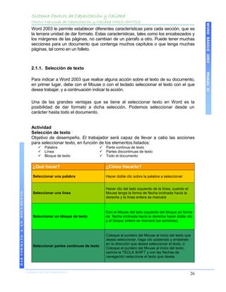 Sistema Centros de Capacitación y Calidad
                                 Centro Nacional de Capacitación y Calidad IMSS-SNTSS




                                                                                                                                          WORD BÁSICO 2003
                                 Word 2003 le permite establecer diferentes características para cada sección, que es
                                 la tercera unidad de dar formato. Estas características, tales como los encabezados y
                                 los márgenes de las páginas, no cambian de un párrafo a otro. Puede tener muchas
                                 secciones para un documento que contenga muchos capítulos o que tenga muchas
                                 páginas, tal como en un folleto.



                                 2.1.1. Selección de texto




                                                                                                                                          Módulo II
                                 Para indicar a Word 2003 que realice alguna acción sobre el texto de su documento,
                                 en primer lugar, debe con el Mouse o con el teclado seleccionar el texto con el que
                                 desea trabajar, y a continuación indicar la acción.

                                 Una de las grandes ventajas que se tiene al seleccionar texto en Word es la
                                 posibilidad de dar formato a dicha selección. Podemos seleccionar desde un
                                 carácter hasta todo el documento.


                                 Actividad
                                 Selección de texto
                                 Objetivo de desempeño. El trabajador será capaz de llevar a cabo las acciones
                                 para seleccionar texto, en función de los elementos listados:
                                        Palabra                             Parte continua de texto
                                        Línea                               Partes discontinuas de texto
                                        Bloque de texto                     Todo el documento


                                  ¿Qué hacer?                                 ¿Cómo Hacerlo?

                                  Seleccionar una palabra                     Hacer doble clic sobre la palabra a seleccionar


                                                                              Hacer clic del lado izquierdo de la línea, cuando el
DAR FORMATO A UN DOCUMENTO




                                  Seleccionar una línea                       Mouse tenga la forma de flecha inclinada hacia la
                                                                              derecha y la línea entera se marcará



                                                                              Con el Mouse del lado izquierdo del bloque en forma
                                  Seleccionar un bloque de texto              de flecha inclinada hacia la derecha hacer doble clic
                                                                              y el bloque entero se marcará (se sombrea).



                                                                              Coloque el puntero del Mouse al inicio del texto que
                                                                              desea seleccionar, haga clic sostenido y arrástrelo
                                                                              en la dirección que desea seleccionar el texto, ó
                                  Seleccionar partes continuas de texto
                                                                              Coloque el puntero del Mouse al inicio del texto,
                                                                              oprima la TECLA SHIFT y con las flechas de
                                                                              navegación seleccione el texto que desea.



                             COORDINACIÓN DE INFORMÁTICA
                                                                                                                                     26
 