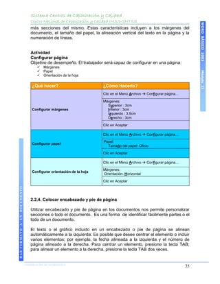 Sistema Centros de Capacitación y Calidad
                                 Centro Nacional de Capacitación y Calidad IMSS-SNTSS




                                                                                                                          WORD BÁSICO 2003
                                 más secciones del mismo. Estas características incluyen a los márgenes del
                                 documento, el tamaño del papel, la alineación vertical del texto en la página y la
                                 numeración de líneas.


                                 Actividad
                                 Configurar página
                                 Objetivo de desempeño. El trabajador será capaz de configurar en una página:
                                        Márgenes
                                        Papel




                                                                                                                          Módulo II
                                        Orientación de la hoja


                                  ¿Qué hacer?                         ¿Cómo Hacerlo?
                                                                      Clic en el Menú Archivo  Configurar página…

                                                                      Márgenes:
                                                                        Superior : 3cm
                                  Configurar márgenes                   Inferior : 3cm
                                                                        Izquierdo : 3.5cm
                                                                        Derecho : 3cm

                                                                      Clic en Aceptar

                                                                      Clic en el Menú Archivo  Configurar página…

                                                                      Papel:
                                  Configurar papel
                                                                        Tamaño del papel: Oficio

                                                                      Clic en Aceptar

                                                                      Clic en el Menú Archivo  Configurar página…

                                                                      Márgenes:
                                  Configurar orientación de la hoja
                                                                      Orientación: Horizontal

                                                                      Clic en Aceptar
DAR FORMATO A UN DOCUMENTO




                                 2.2.4. Colocar encabezado y pie de página

                                 Utilizar encabezado y pie de página en los documentos nos permite personalizar
                                 secciones o todo el documento. Es una forma de identificar fácilmente partes o el
                                 todo de un documento.

                                 El texto o el gráfico incluido en un encabezado o pie de página se alinean
                                 automáticamente a la izquierda. Es posible que desee centrar el elemento o incluir
                                 varios elementos; por ejemplo, la fecha alineada a la izquierda y el número de
                                 página alineado a la derecha. Para centrar un elemento, presione la tecla TAB;
                                 para alinear un elemento a la derecha, presione la tecla TAB dos veces.


                             COORDINACIÓN DE INFORMÁTICA
                                                                                                                     35
 