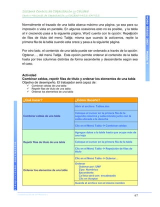 Sistema Centros de Capacitación y Calidad
                    Centro Nacional de Capacitación y Calidad IMSS-SNTSS




                                                                                                                           WORD BÁSICO 2003
                    Normalmente el trazado de una tabla abarca máximo una página, ya sea para su
                    impresión o vista en pantalla. En algunas ocasiones esto no es posible, y la tabla
                    al ir creciendo pasa a la siguiente página, Word cuenta con la opción: Repetición
                    de filas de título del menú Tabla; misma que cuando la activamos, repite la
                    primera fila de la tabla cuando esta crece y pasa a la siguiente página.

                    Por otro lado, el contenido de una tabla puede ser ordenado a través de la opción:




                                                                                                                           Módulo V
                    Ordenar…, del menú Tabla. Esta opción permite ordenar el contenido de la tabla
                    hasta por tres columnas distintas de forma ascendente y descendente según sea
                    el caso.


                    Actividad
                    Combinar celdas, repetir filas de título y ordenar los elementos de una tabla
                    Objetivo de desempeño. El trabajador será capaz de:
                           Combinar celdas de una tabla
                           Repetir filas de título de una tabla
                           Ordenar los elementos de una tabla


                     ¿Qué hacer?                                   ¿Cómo Hacerlo?
                                                                   Abrir el archivo: Tablas.doc

                                                                   Coloque el cursor en la primera fila de la
                     Combinar celdas de una tabla                  segunda columna y selecciónela junto con la
                                                                   celda ubicada a la derecha

                                                                   Clic en el Menú Tabla  Combinar celdas

                                                                   Agregue datos a la tabla hasta que ocupe más de
                                                                   una hoja

                     Repetir filas de titulo de una tabla          Coloque el cursor en la primera fila de la tabla
DOCUMENTOS




                                                                   Clic en el Menú Tabla  Repetición de filas de
                                                                   título

                                                                   Clic en el Menú Tabla  Ordenar…

                                                                   Ordenar
ENRIQUECIENDO




                                                                     Ordenar por: UMF
                     Ordenar los elementos de una tabla              Tipo: Numérico
                                                                     Ascendente
                                                                     La lista será con: encabezado
                                                                     Clic en Aceptar
                                                                   Guarde el archivo con el mismo nombre



                COORDINACIÓN DE INFORMÁTICA
                N                                                                                                     67
 