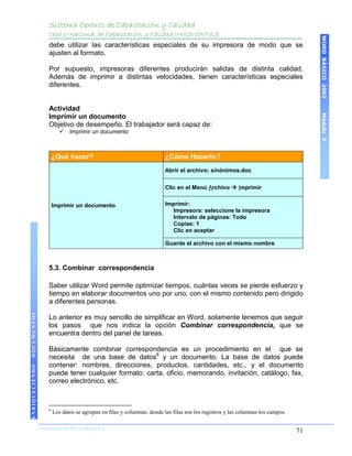 Sistema Centros de Capacitación y Calidad
                    Centro Nacional de Capacitación y Calidad IMSS-SNTSS




                                                                                                                                      WORD BÁSICO 2003
                    debe utilizar las características especiales de su impresora de modo que se
                    ajusten al formato.

                    Por supuesto, impresoras diferentes producirán salidas de distinta calidad.
                    Además de imprimir a distintas velocidades, tienen características especiales
                    diferentes.


                    Actividad




                                                                                                                                      Módulo V
                    Imprimir un documento
                    Objetivo de desempeño. El trabajador será capaz de:
                              Imprimir un documento



                        ¿Qué hacer?                                      ¿Cómo Hacerlo?
                                                                         Abrir el archivo: sinónimos.doc

                                                                         Clic en el Menú Archivo  Imprimir


                        Imprimir un documento                            Imprimir:
                                                                           Impresora: seleccione la impresora
                                                                           Intervalo de páginas: Todo
                                                                           Copias: 1
                                                                           Clic en aceptar

                                                                         Guarde el archivo con el mismo nombre



                    5.3. Combinar correspondencia

                    Saber utilizar Word permite optimizar tiempos, cuántas veces se pierde esfuerzo y
                    tiempo en elaborar documentos uno por uno, con el mismo contenido pero dirigido
                    a diferentes personas.
DOCUMENTOS




                    Lo anterior es muy sencillo de simplificar en Word, solamente tenemos que seguir
                    los pasos que nos indica la opción Combinar correspondencia, que se
                    encuentra dentro del panel de tareas.

                    Básicamente combinar correspondencia es un procedimiento en el que se
                    necesita de una base de datos6 y un documento. La base de datos puede
                    contener: nombres, direcciones, productos, cantidades, etc., y el documento
ENRIQUECIENDO




                    puede tener cualquier formato: carta, oficio, memorando, invitación, catálogo, fax,
                    correo electrónico, etc.



                    6
                        Los datos se agrupan en filas y columnas; donde las filas son los registros y las columnas los campos.

                COORDINACIÓN DE INFORMÁTICA
                N                                                                                                                71
 