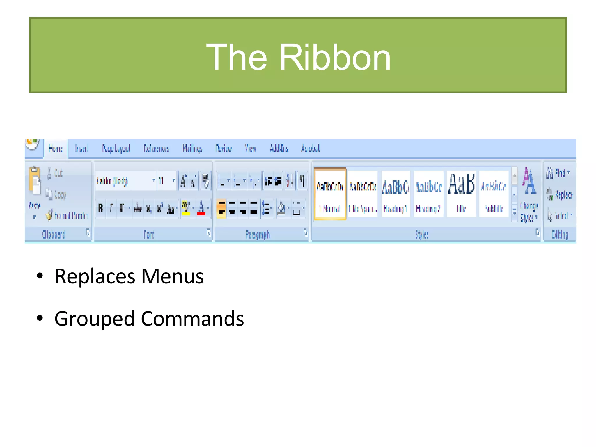 The Ribbon Replaces Menus Grouped Commands 