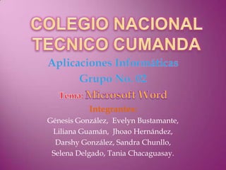Integrantes:
Génesis González, Evelyn Bustamante,
 Liliana Guamán, Jhoao Hernández,
  Darshy González, Sandra Chunllo,
 Selena Delgado, Tania Chacaguasay.
 
