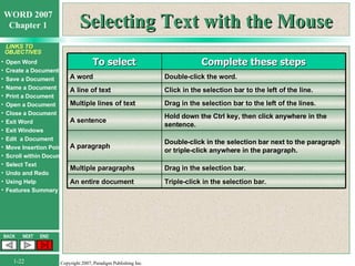 Selecting Text with the Mouse To select Complete these steps A word Double-click the word. A line of text Click in the selection bar to the left of the line. Multiple lines of text Drag in the selection bar to the left of the lines. A sentence Hold down the Ctrl key, then click anywhere in the sentence. A paragraph Double-click in the selection bar next to the paragraph or triple-click anywhere in the paragraph. Multiple paragraphs Drag in the selection bar. An entire document Triple-click in the selection bar. 