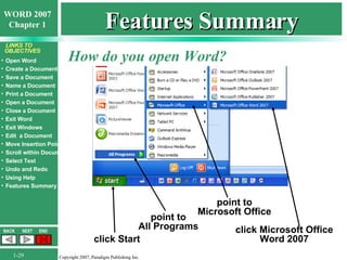 Features Summary How do you open Word? point to All Programs point to Microsoft Office click Microsoft Office Word 2007 click Start 