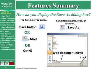 Features Summary How do you display the Save As dialog box? , Save Save button OR , Save As type document name click Ctrl+S OR For different name, type, or location… The first time you save… 