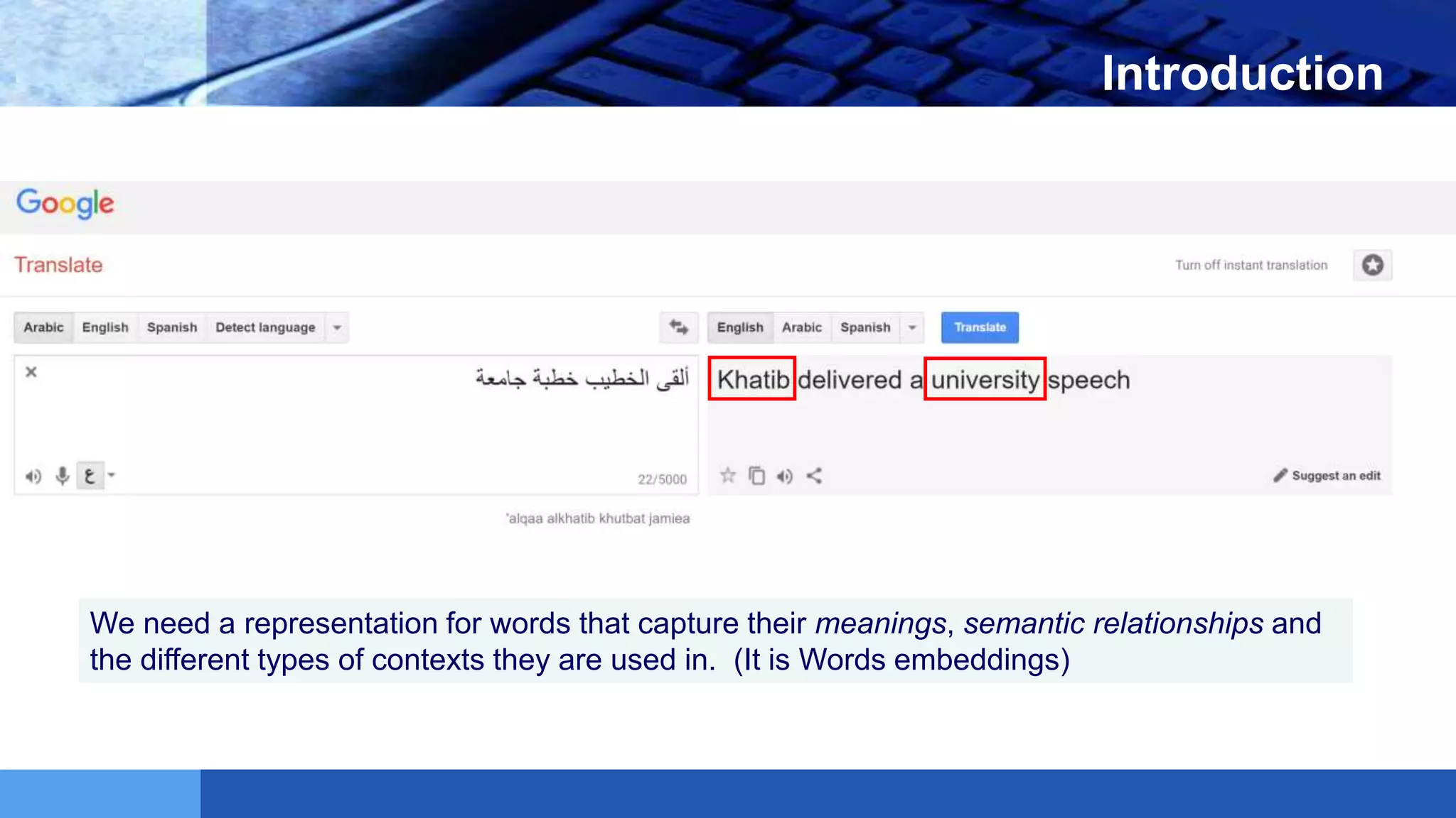 LOGO Introduction
We need a representation for words that capture their meanings, semantic relationships and
the different types of contexts they are used in. (It is Words embeddings)
 