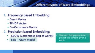 LOGO Different types of Word Embeddings
1. Frequency based Embedding:
 Count Vector
 TF-IDF Vector
 Co-Occurrence Vector
2. Prediction based Embedding:
 CBOW (Continuous Bag of words)
 Skip – Gram model
• The aim of skip-gram is to
predict the context given a
word.
 