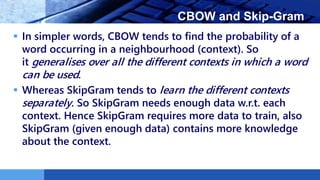 LOGO CBOW and Skip-Gram
 In simpler words, CBOW tends to find the probability of a
word occurring in a neighbourhood (context). So
it generalises over all the different contexts in which a word
can be used.
 Whereas SkipGram tends to learn the different contexts
separately. So SkipGram needs enough data w.r.t. each
context. Hence SkipGram requires more data to train, also
SkipGram (given enough data) contains more knowledge
about the context.
 