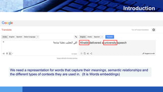 LOGO Introduction
We need a representation for words that capture their meanings, semantic relationships and
the different types of contexts they are used in. (It is Words embeddings)
 