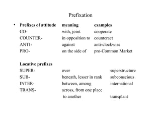 Prefixation
• Prefixes of attitude meaning examples
CO- with, joint cooperate
COUNTER- in opposition to counteract
ANTI- against anti-clockwise
PRO- on the side of pro-Common Market
Locative prefixes
SUPER- over superstructure
SUB- beneath, lesser in rank subconscious
INTER- between, among international
TRANS- across, from one place
to another transplant
 