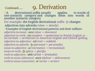 A derivational suffix usually applies to words of
one syntactic category and changes them into words of
another syntactic category.
For example: the English derivational suffix -ly changes
adjectives into adverbs (slow → slowly).
Examples of English derivational patterns and their suffixes:
adjective-to-noun: -ness (slow → slowness)
adjective-to-verb: -ise (modern → modernise) in British English or -
ize (archaic → archaicize) in American English and Oxford spelling
adjective-to-adjective: -ish (red → reddish)
adjective-to-adverb: -ly (personal → personally)
noun-to-adjective: -al (recreation → recreational)
noun-to-verb: -fy (glory → glorify)
verb-to-adjective: -able (drink → drinkable)
verb-to-noun (abstract): -ance (deliver → deliverance)
verb-to-noun (concrete): -er (write → writer)
 