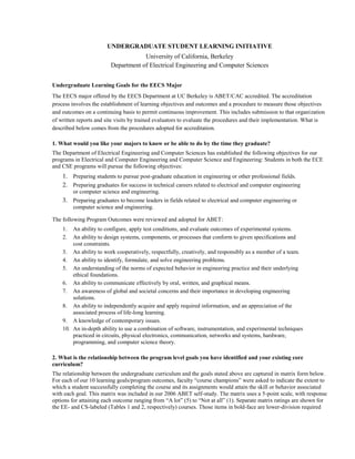 UNDERGRADUATE STUDENT LEARNING INITIATIVE<br />University of California, Berkeley<br />Department of Electrical Engineering and Computer Sciences<br />Undergraduate Learning Goals for the EECS Major <br />The EECS major offered by the EECS Department at UC Berkeley is ABET/CAC accredited. The accreditation process involves the establishment of learning objectives and outcomes and a procedure to measure those objectives and outcomes on a continuing basis to permit continuous improvement. This includes submission to that organization of written reports and site visits by trained evaluators to evaluate the procedures and their implementation. What is described below comes from the procedures adopted for accreditation. <br />1. What would you like your majors to know or be able to do by the time they graduate?<br />The Department of Electrical Engineering and Computer Sciences has established the following objectives for our programs in Electrical and Computer Engineering and Computer Science and Engineering: Students in both the ECE and CSE programs will pursue the following objectives:<br />Preparing students to pursue post-graduate education in engineering or other professional fields.<br />Preparing graduates for success in technical careers related to electrical and computer engineering or computer science and engineering.<br />Preparing graduates to become leaders in fields related to electrical and computer engineering or computer science and engineering.<br />,[object Object],An ability to configure, apply test conditions, and evaluate outcomes of experimental systems.<br />An ability to design systems, components, or processes that conform to given specifications and cost constraints.<br />An ability to work cooperatively, respectfully, creatively, and responsibly as a member of a team.<br />An ability to identify, formulate, and solve engineering problems.<br />An understanding of the norms of expected behavior in engineering practice and their underlying ethical foundations.<br />An ability to communicate effectively by oral, written, and graphical means.<br />An awareness of global and societal concerns and their importance in developing engineering solutions.<br />An ability to independently acquire and apply required information, and an appreciation of the associated process of life-long learning.<br />A knowledge of contemporary issues.<br />An in-depth ability to use a combination of software, instrumentation, and experimental techniques practiced in circuits, physical electronics, communication, networks and systems, hardware, programming, and computer science theory.<br />2. What is the relationship between the program level goals you have identified and your existing core curriculum?<br />The relationship between the undergraduate curriculum and the goals stated above are captured in matrix form below. For each of our 10 learning goals/program outcomes, faculty “course champions” were asked to indicate the extent to which a student successfully completing the course and its assignments would attain the skill or behavior associated with each goal. This matrix was included in our 2006 ABET self-study. The matrix uses a 5-point scale, with response options for attaining each outcome ranging from “A lot” (5) to “Not at all” (1). Separate matrix ratings are shown for the EE- and CS-labeled (Tables 1 and 2, respectively) courses. Those items in bold-face are lower-division required courses that all EE and CS undergraduates must take, while those that are italicized are upper-division core courses, where undergraduates tend to take those courses aligning with their affinity for either EE or CS.<br />ELECTRICAL ENGINEERINGLearning Goals/Program OutcomesCourse NumberCourse Title and Enrollment1234567891020NStructure and Interpretation of Systems and Signals442534354524Freshman Seminar: Gadgets Electrical Engineers Make212123222140Introduction to Microelectronic Circuits212312123342Introduction to Digital Electronics222412112243Introductory Electronics Laboratory2223111133100Electronic Techniques for Engineering2224121122105Microelectronic Devices and Circuits5215131535117Electromagnetic Fields and Waves4335344455118Introduction to Optical Communication Systems and Networks4534234544119Introduction to Optical Engineering1313131243120Signals and Systems2535243444121Introduction to Digital Communication Systems3435244445122Introduction to Communication Networks5515323355123Digital Signal Processing3434121124C125Introduction to Robotics126Probability and Random Processes3213122425128Feedback Control3524131224129Neural and Nonlinear Information Processing4444555554130Integrated-Circuit Devices3425234555140Linear Integrated Circuits2525232124141Introduction to Digital Integrated Circuits5545253555142Integrated Circuits for Communications3535142455143Microfabrication Technology5554443455C145BImage Processing and Reconstruction Tomography5525344455C145LIntroductory Electronic Transducer Laboratory5535153555C145MIntroductory Microcomputer Interfacing Laboratory5535153555192Mechatronic Design Laboratory4545343444COMPUTER SCIENCELearning Goals/Program OutcomesCourse NumberCourse Title and Enrollment123456789103S/3LIntroduction to Symbolic Programming25321212139AFortran and Matlab for Programmers (self-paced)25121214139BPascal for Programmers (self-paced)25121214139CC for Programmers (self-paced)25121214139DScheme and Functional Programming for Programmers25121214139EProductive Use of the UNIX Environment (self-paced)25121214139FC++ for Programmers (self-paced)25121214139GJava for Programmers251212141347ACompletion of Work in CS 61A (self-paced, graded) – Interpretation of Computer Programs222232212447BCompletion of Work in CS 61B (self-paced, graded) – Supplemental Data Structures351413141547CCompletion of Work in CS 61C (self-paced, graded) – Supplemental Machine Structures352423324561AStructure and Interpretation of Computer Programs222232212461BData Structures351413141561CLMachine Structures352423324570Discrete Mathematics and Probability Theory1315131115150Components and Design Techniques for Digital Systems4535332445152Computer Architecture and Engineering160User Interface Design and Development4554454334161Computer Security1515222143162Operating Systems and System Programming4444343444164Programming Languages and Compilers5443223455169Software Engineering3525253555170Efficient Algorithms and Intractable Problems1515243435172Computability and Complexity1315142123174Combinatorics and Discrete Probability1415221222C182The Neural Basis of Thought and Language4252344243184Foundations of Computer Graphics2541232415186Introduction to Database Systems3522222445188Introduction to Artificial Intelligence3535122424C191Quantum Information Science and Technology1352242242C195Social Implications of Computer Technology2121544351<br />3. How will you communicate information about your learning goals to your majors and potential majors? <br />Information about our program objectives, learning goals/program outcomes, and specific course outcomes are publicized on a website entitled “Undergraduate Student Learning Goals” (http://www.eecs.berkeley.edu/education/usli/). They will also be updated and published by the EECS Center for Student Affairs in their annual publication, Undergraduate Notes (http://www.eecs.berkeley.edu/Programs/Notes/). Instructors have also been asked to list their course-specific learning goals on their course websites.<br />4. How will you assess your majors’ attainment of these goals? What would it take to make the implementation of these goals fully successful?<br />The learning goals for each EECS course are posted at http://www.eecs.berkeley.edu/education/abet-outcomes, along with assessment results that are updated each semester.<br />The undergraduate studies committee regularly evaluates these results and establishes ad-hoc committees with the goal of keeping the curriculum up-to-date. Current initiatives include:<br />Adjustment of our curriculum in probability and statistics. We are currently running a pilot test of a new version of CS70 to address specific EE and CS needs in those areas. If the pilot is successful the course will be considered as a requirement for all EECS undergraduate students.<br />Adjustment of EECS 40, Electronics, to recent developments. The success of electronics resulted in a considerable broadening of the field into physical electronics, signals and systems, and computer science and partial specialization in select topics in these areas even at the undergraduate level. Consequently, for an increasing number of our undergraduates EECS 40 is the only exposure to component level physical aspects of information technology. Consequently, the content of the course is shifted from an introduction to a consideration of the key topics relevant for electronic system design including hierarchy and modularity, limits of power, accuracy and speed and scalability.<br />Introduction of an ethics component into the curriculum. The proliferation of information technology into virtually all aspects of society brings and increasing need for engineers to be aware of the social implications of their work. The department plans a pilot course for fall 2009 that teaches aspects of ethics for engineers. The course is planned to eventually become a requirement for all EECS undergraduate majors.<br />This curriculum improvement is a continuous process in EECS. The scope and number of these efforts are tailored to match the rate at which innovations can be introduced without undue disruption of the program and meet available resources. <br />Summary<br />The rapid progress and continued fundamental changes have brought about a culture of continual improvement and change of the EECS curriculum. The department has a history of continual revision and improvement of its core courses and of the addition and retirement of courses at the upper division level to adapt to new developments in the discipline.<br />The department has a well established process to select and continually measure overall curriculum goals and the goals of individual courses, a process used by the undergraduate studies committee and the faculty at large to focus resources in the curriculum improvement process. This process is also part of the ABET/CAC accreditation.<br />12 May 2009<br />