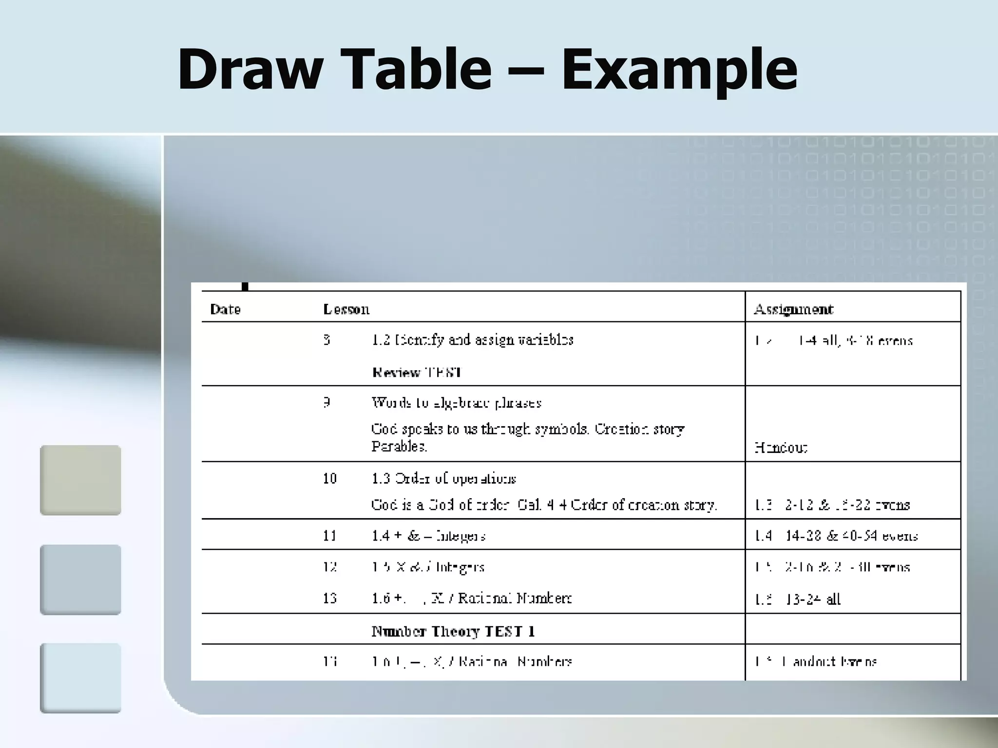 Draw Table – Example  