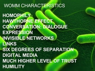 HOMOPHILY HAWTHORNE EFFECT CONVERSATION: DIALOGUE EXPRESSION INVISIBLE NETWORKS LINKS SIX DEGREES OF SEPARATION DIGITAL MEDIA MUCH HIGHER LEVEL OF TRUST HUMILITY WOMM CHARACTERISTICS 