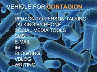 VEHICLE FOR  CONTAGION PERSON-TO-PERSON TALKING TALKING BY PHONE SOCIAL MEDIA TOOLS SMS E-MAIL IM BLOGGING VBLOG WRITING 