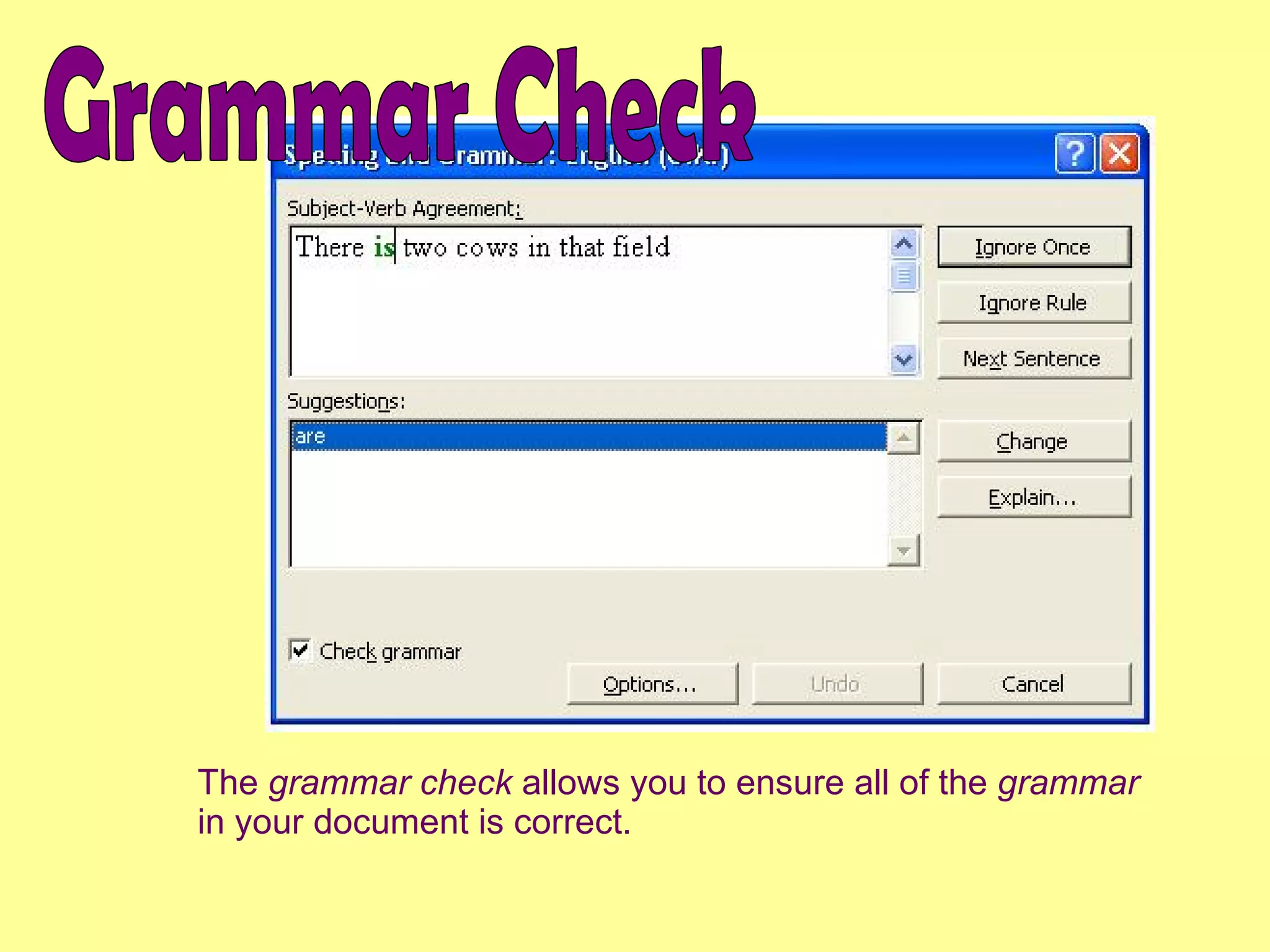 Grammar Check The  grammar check  allows you to ensure all of the  grammar  in your document is correct. 