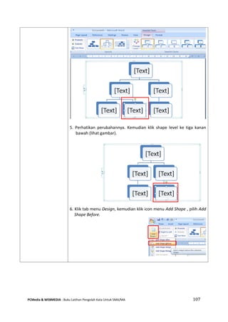 PCMedia & WEBMEDIA : Buku Latihan Pengolah Kata Untuk SMA/MA 107 
5. Perhatikan perubahannya. Kemudian klik shape level ke tiga kanan bawah (lihat gambar). 
6. Klik tab menu Design, kemudian klik icon menu Add Shape , pilih Add Shape Before. 
 