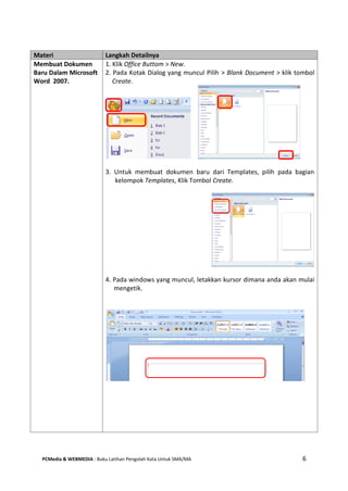 PCMedia & WEBMEDIA : Buku Latihan Pengolah Kata Untuk SMA/MA 6 
Materi Langkah Detailnya 
Membuat Dokumen Baru Dalam Microsoft Word 2007. 
1. Klik Office Buttom > New. 
2. Pada Kotak Dialog yang muncul Pilih > Blank Document > klik tombol Create. 
3. Untuk membuat dokumen baru dari Templates, pilih pada bagian kelompok Templates, Klik Tombol Create. 
4. Pada windows yang muncul, letakkan kursor dimana anda akan mulai mengetik. 
 