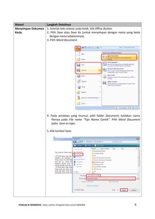 PCMedia & WEBMEDIA : Buku Latihan Pengolah Kata Untuk SMA/MA 8 
Materi Langkah Detailnya 
Menyimpan Dokumen Kerja. 
1. Setelah teks selesai anda ketik, klik Office Button. 
2. Pilih Save atau Save As (untuk menyimpan dengan nama yang beda dengan nama sebelumnya). 
3. Pilih Word Document. 
4. Pada windows yang muncul, pilih folder Document, ketikkan nama filenya pada File name “Tips Nama Cantik”. Pilih Word Document pada Save as type. 
5. Klik tombol Save. 
 