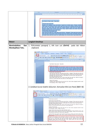 PCMedia & WEBMEDIA : Buku Latihan Pengolah Kata Untuk SMA/MA 13 
Materi Langkah Detailnya 
Memindahkan Dan Menduplikasi Teks. 
1. Pilih/seleksi paragraf 1, klik icon cut (Ctrl+X) pada tab ribbon clipboard. 
2. Letakkan kursor diakhir dokumen. Kemudian Klik icon Paste (Ctrl + V). 
 