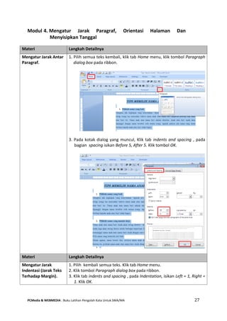 PCMedia & WEBMEDIA : Buku Latihan Pengolah Kata Untuk SMA/MA 27 
Modul 4. Mengatur Jarak Paragraf, Orientasi Halaman Dan Menyisipkan Tanggal 
Materi Langkah Detailnya 
Mengatur Jarak Antar Paragraf. 
1. Pilih semua teks kembali, klik tab Home menu, klik tombol Paragraph dialog box pada ribbon. 
3. Pada kotak dialog yang muncul, Klik tab indents and spacing , pada bagian spacing isikan Before 5, After 5. Klik tombol OK. 
Materi Langkah Detailnya 
Mengatur Jarak Indentasi (Jarak Teks Terhadap Margin). 
1. Pilih kembali semua teks. Klik tab Home menu. 
2. Klik tombol Paragraph dialog box pada ribbon. 
3. Klik tab indents and spacing , pada Indentation, isikan Left = 1, Right = 1. Klik OK.  
