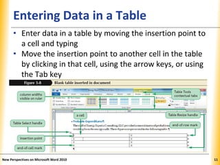 XPXPXPEntering Data in a Table
• Enter data in a table by moving the insertion point to
a cell and typing
• Move the insertion point to another cell in the table
by clicking in that cell, using the arrow keys, or using
the Tab key
New Perspectives on Microsoft Word 2010 11
 
