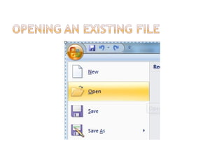 On the Standard
toolbar, click the Open
button.
In the Open dialog box,
double-click the name of
the document you want
to open.
 