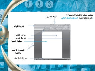 5. ‫الرئيس‬ ‫الشاشة‬ ‫مباشرة‬ ‫تستظهر‬‫ي‬‫ة‬
‫والمبينة‬ ‫للبرنامج‬‫التالي‬ ‫بالشكل‬ ‫أقسامها‬ :
‫العنوان‬ ‫شريط‬
‫القوائم‬ ‫شريط‬
‫الكتابة‬ ‫مؤشر‬
‫الرأتسية‬ ‫المسطرة‬
‫والتفقية‬
‫المعلومات‬ ‫شريط‬
‫التمرير‬ ‫شريط‬
‫الكتابة‬ ‫صفحة‬
 