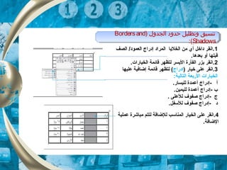 ) ‫الجدول‬ ‫حدود‬ ‫وتظليل‬ ‫تنسيق‬Bordersand
Shadows:(
) ‫الجدول‬ ‫حدود‬ ‫وتظليل‬ ‫تنسيق‬Bordersand
Shadows:(
1‫الصف‬ /‫العمود‬ ‫إدراج‬ ‫المراد‬ ‫الخليا‬ ‫من‬ ‫أي‬ ‫داخل‬ ‫.انقر‬
.‫بعدها‬ ‫أو‬ ‫قبلها‬
2.‫الخيارات‬ ‫قائمة‬ ‫لتظهر‬ ‫اليسر‬ ‫الفأرة‬ ‫بزر‬ ‫.انقر‬
3) ‫خيار‬ ‫على‬ ‫.انقر‬‫إدراج‬‫عليها‬ ‫إضافية‬ ‫قائمة‬ ‫لتظهر‬ (
:‫التالية‬ ‫الربعة‬ ‫الخيارات‬
- ‫أ‬.‫لليسار‬ ‫أعمدة‬ ‫إدراج‬
- ‫ب‬.‫لليمين‬ ‫أعمدة‬ ‫إدراج‬
- ‫ج‬‫صفوف‬ ‫إدراج‬‫للعلى‬.
- ‫د‬‫صفوف‬ ‫إدراج‬‫للسفل‬.
4‫عملية‬ ‫مباشرة‬ ‫لتتم‬ ‫للضافة‬ ‫المناسب‬ ‫الخيار‬ ‫على‬ ‫.انقر‬
.‫الضافة‬
 