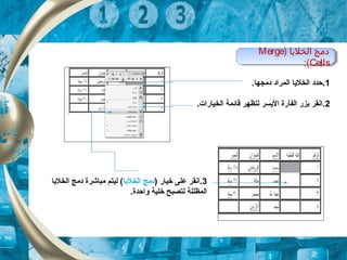 ) ‫الخلايا‬ ‫دلمج‬Merge
Cells:(
) ‫الخلايا‬ ‫دلمج‬Merge
Cells:(
1.‫دمجها‬ ‫المراد‬ ‫الخليا‬ ‫.حدد‬
2.‫الخيارات‬ ‫قائمة‬ ‫لتظهر‬ ‫اليسر‬ ‫الفأرة‬ ‫بزر‬ ‫.انقر‬
3) ‫خيار‬ ‫على‬ ‫.انقر‬‫دمج‬‫الخليا‬‫الخليا‬ ‫دمج‬ ‫مباشرة‬ ‫ليتم‬ (
.‫واحدة‬ ‫خلية‬ ‫لتصبح‬ ‫المظللة‬
 