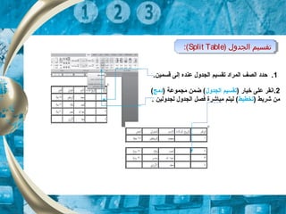 ) ‫الجدول‬ ‫تقسيم‬Split Table:( ) ‫الجدول‬ ‫تقسيم‬Split Table:(
1.‫قسمين‬ ‫إلى‬ ‫عنده‬ ‫الجدو ل‬ ‫تقسيم‬ ‫المراد‬ ‫الصف‬ ‫حدد‬ .
2) ‫خيار‬ ‫على‬ ‫.انقر‬‫الجدو ل‬ ‫تقسيم‬) ‫مجموعة‬ ‫ضمن‬ (‫دمج‬(
) ‫شريط‬ ‫من‬‫تخطيط‬. ‫لجدولين‬ ‫الجدو ل‬ ‫فصل‬ ‫مباشرة‬ ‫ليتم‬ (
 