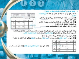 :‫الجدو ل‬ ‫صفوف‬ ‫وارتفاعات‬ ‫العمدة‬ ‫عرض‬ ‫ضبط‬
‫ل‬‫العمدة‬ ‫أي‬ ‫عرض‬ ‫أو‬ ‫الصفوف‬ ‫من‬ ‫أي‬ ‫ارتفاع‬ ‫ضبط‬‫الخطوات‬ ‫اتبع‬
:‫التالية‬
1‫الصفين‬ ‫أو‬ ‫العمودين‬ ‫بين‬ ‫الفاصل‬ ‫الخط‬ ‫على‬ ‫الفأرة‬ ‫مؤشر‬ ‫.اضبط‬
.‫الفصل‬ ‫إشارة‬ ‫لتظهر‬
2‫المناسب‬ ‫بالتجاه‬ ‫بالسحب‬ ‫وابدأ‬ ‫الخط‬ ‫على‬ ‫اليسار‬ ‫الفأرة‬ ‫بزر‬ ‫.انقر‬
.‫الفأرة‬ ‫زر‬ ‫على‬ ‫بالضغط‬ ‫الستمرار‬ ‫مع‬
3.‫الجديد‬ ‫بالحجم‬ ‫الصف‬ /‫العمود‬ ‫ليظهر‬ ‫الفأرة‬ ‫زر‬ ‫.حرر‬
1.‫ل‬ً ‫ل‬ ‫كام‬ ‫الجدو ل‬ ‫لتحديد‬ ‫اليمين‬ ‫العليا‬ ‫الجدو ل‬ ‫زاوية‬ ‫على‬ ‫.انقر‬
2) ‫زر‬ ‫على‬ ‫.انقر‬‫تلقائي‬ ‫احتواء‬) ‫مجموعة‬ ‫ضمن‬ (‫الخلية‬ ‫حجم‬) ‫شريط‬ ‫من‬ (‫تخطيط‬.‫المتاحة‬ ‫الخيارات‬ ‫قائمة‬ ‫لتظهر‬ (
3) ‫خيار‬ ‫على‬ ‫.انقر‬‫الطار‬ ‫ضمن‬ ‫تلقائي‬ ‫احتواء‬‫ال‬ ‫تنفيذ‬ ‫ليتم‬ (‫أ‬.‫مباشرة‬ ‫مر‬
‫ي‬‫تح‬ ‫من‬ ‫البرنامج‬ ‫مكنك‬‫د‬‫الخطوط‬ ‫حجم‬ ‫بارتفاع‬ ‫الصفوف‬ ‫وحجم‬ ‫بداخله‬ ‫موجودة‬ ‫البيانات‬ ‫حجم‬ ‫بأكبر‬ ‫العمود‬ ‫حجم‬ ‫يد‬
‫بداخل‬ ‫الموجودة‬‫ه‬) ‫ضبط‬ ‫خل ل‬ ‫من‬ ‫وذلك‬ ,‫تلقائي‬ ‫احتواء‬‫بأكمله‬ ‫للجدو ل‬ (‫ب‬‫ا‬:‫التالي‬ ‫الخطوات‬ ‫تباع‬
 