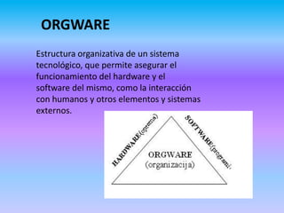 ORGWARE
Estructura organizativa de un sistema
tecnológico, que permite asegurar el
funcionamiento del hardware y el
software del mismo, como la interacción
con humanos y otros elementos y sistemas
externos.
 