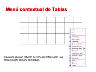 Menú contextual de Tablas   Haciendo clic con el botón derecho del ratón sobre una tabla se abre el menú contextual. 