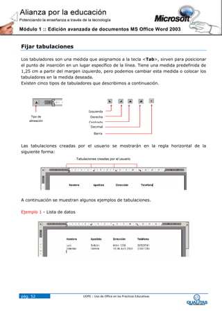 Módulo 1 :: Edición avanzada de documentos MS Office Word 2003


Fijar tabulaciones

Los tabuladores son una medida que asignamos a la tecla <Tab>, sirven para posicionar
el punto de inserción en un lugar específico de la línea. Tiene una medida predefinida de
1,25 cm a partir del margen izquierdo, pero podemos cambiar esta medida o colocar los
tabuladores en la medida deseada.
Existen cinco tipos de tabuladores que describimos a continuación.




                                     Izquierda
     Tipo de                          Derecha
    alineación
                                     Centrada
                                      Decimal

                                        Barra



Las tabulaciones creadas por el usuario se mostrarán en la regla horizontal de la
siguiente forma:
                             Tabulaciones creadas por el usuario




A continuación se muestran algunos ejemplos de tabulaciones.

Ejemplo 1 - Lista de datos




pág. 52                          UOPE :: Uso de Office en las Prácticas Educativas
 