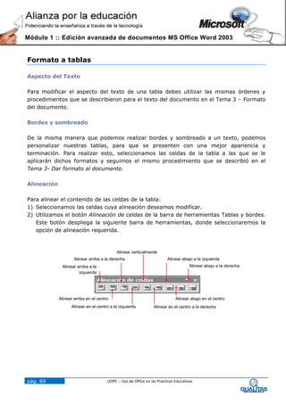 Módulo 1 :: Edición avanzada de documentos MS Office Word 2003


Formato a tablas

Aspecto del Texto

Para modificar el aspecto del texto de una tabla debes utilizar las mismas órdenes y
procedimientos que se describieron para el texto del documento en el Tema 3 – Formato
del documento.

Bordes y sombreado

De la misma manera que podemos realizar bordes y sombreado a un texto, podemos
personalizar nuestras tablas, para que se presenten con una mejor apariencia y
terminación. Para realizar esto, seleccionamos las celdas de la tabla a las que se le
aplicarán dichos formatos y seguimos el mismo procedimiento que se describió en el
Tema 3- Dar formato al documento.

Alineación

Para alinear el contenido de las celdas de la tabla:
1) Seleccionamos las celdas cuya alineación deseamos modificar.
2) Utilizamos el botón Alineación de celdas de la barra de herramientas Tablas y bordes.
   Este botón despliega la siguiente barra de herramientas, donde seleccionaremos la
   opción de alineación requerida.



                                            Alinear verticalmente
                     Alinear arriba a la derecha                         Alinear abajo a la izquierda
               Alinear arriba a la                                                    Alinear abajo a la derecha
                        izquierda




             Alinear arriba en el centro                                      Alinear abajo en el centro
                    Alinear en el centro a la izquierda          Alinear en el centro a la derecha




pág. 89                                UOPE :: Uso de Office en las Prácticas Educativas
 