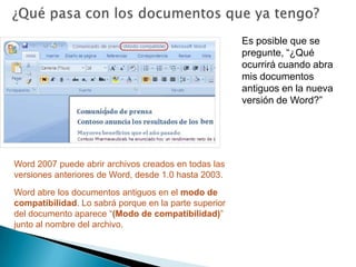 ¿Hay más de un formato de archivo?Anteriormente sólo había dos tipos de archivo de Word: documentos y plantillas (.doc y .dot). En Word 2007 hay cuatro tipos de archivo: .docx, .dotx, .docm y .dotm (la “x” corresponde a XML y la “m” a macro). Observe la tabla para conocer los detalles.Probablemente, sólo apreciará diferencias aparentes con los nuevos formatos de archivo de Word si utiliza macros o código. 