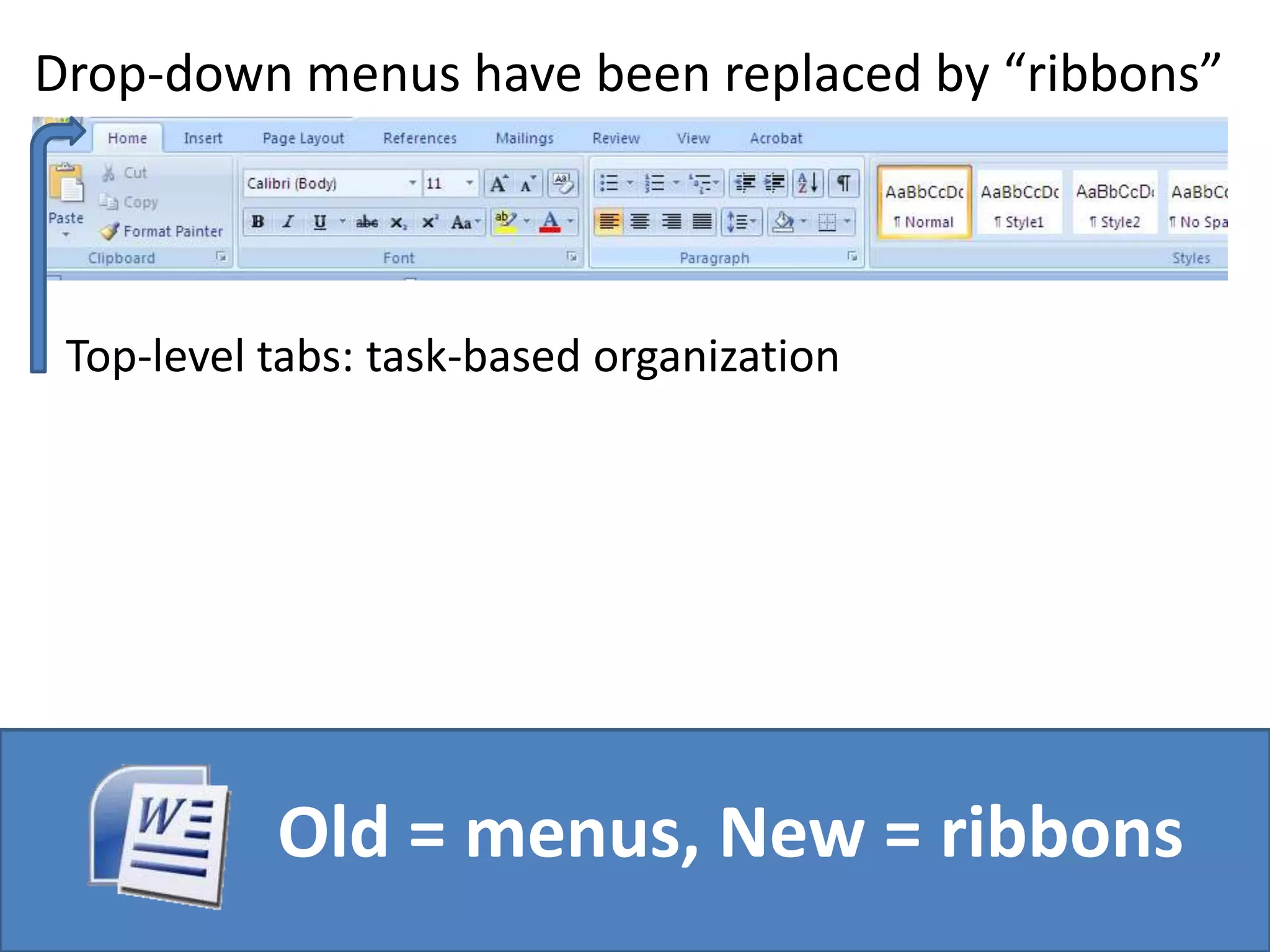 Drop-down menus have been replaced by “ribbons”Top-level tabs: task-based organization Old = menus, New = ribbons