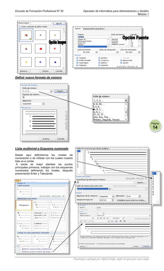 Escuela de Formación Profesional Nº 30                    Operador de Informática para Administración y Gestión
                                                                                                      Módulo 1




Definir nuevo formato de número




                                                                                                                      Página
                                                                                                                       14



Lista multinivel o Esquema numerado

Desde aquí definiremos los niveles de
numeración o de viñetas con los cuales nuestra
lista va a contar.
 A veces es mejor plantear los puntos
principales primeros, trabajar con los esquemas
numerados definiendo los niveles, después
presionando Enter y Tabulando.




                                                  Diseñado y editado por Adolfo Roda, todos los derechos reservados
 