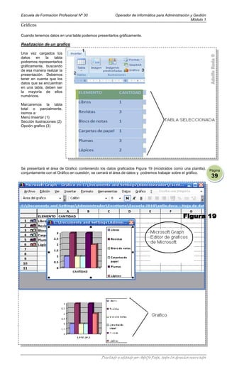 Escuela de Formación Profesional Nº 30               Operador de Informática para Administración y Gestión
                                                                                                 Módulo 1
Gráficos

Cuando tenemos datos en una tabla podemos presentarlos gráficamente.

Realización de un grafico

Una vez cargados los
datos   en    la   tabla
podremos representarlos
gráficamente, buscando
de esa manera realzar la
presentación. Debemos
tener en cuenta que los
datos que se encuentran
en una tabla, deben ser
la mayoría de ellos
numéricos.

Marcaremos la tabla
total o parcialmente,
iremos a:
Menú Insertar (1)
Sección ilustraciones (2)
Opción grafico (3)




Se presentará el área de Grafico conteniendo los datos graficados Figura 19 (mostrados como una planilla), Página
conjuntamente con el Gráfico en cuestión, se cerrará el área de datos y podremos trabajar sobre el gráfico.
                                                                                                                 39




                                             Diseñado y editado por Adolfo Roda, todos los derechos reservados
 