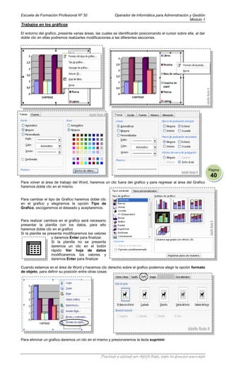 Escuela de Formación Profesional Nº 30                     Operador de Informática para Administración y Gestión
                                                                                                       Módulo 1
Trabajos en los gráficos

El entorno del grafico, presenta varias áreas, las cuales se identificarán posicionando el cursor sobre ella, al dar
doble clic en ellas podremos realizarles modificaciones a las diferentes secciones.




                                                                                                                       Página
                                                                                                                        40
Para volver al área de trabajo del Word, haremos un clic fuera del grafico y para regresar al área del Grafico
haremos doble clic en el mismo.


Para cambiar el tipo de Grafico haremos doble clic
en el grafico y elegiremos la opción Tipo de
Grafico, escogeremos el deseado y aceptaremos.


Para realizar cambios en el grafico será necesario
presentar la planilla con los datos, para ello
haremos doble clic en el grafico
Si la planilla se presenta modificaremos los valores
                    y daremos Enter para finalizar.
                    Si la planilla no se presenta
                    daremos un clic en el botón
                    rápido Ver hoja de datos
                    modificaremos los valores y
                    daremos Enter para finalizar

Cuando estamos en el área de Word y hacemos clic derecho sobre el grafico podemos elegir la opción formato
de objeto, para definir su posición entre otras cosas




Para eliminar un grafico daremos un clic en el mismo y presionaremos la tecla suprimir.



                                                  Diseñado y editado por Adolfo Roda, todos los derechos reservados
 