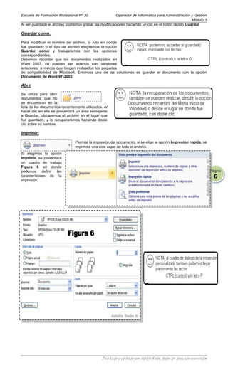 Escuela de Formación Profesional Nº 30                  Operador de Informática para Administración y Gestión
                                                                                                     Módulo 1
Al ser guardado el archivo podremos grabar las modificaciones haciendo un clic en el botón rápido Guardar

Guardar como..

Para modificar el nombre del archivo, la ruta en donde
fue guardado o el tipo de archivo elegiremos la opción
Guardar como y trabajaremos con las opciones
correspondientes.
Debemos recordar que los documentos realizados en
Word 2007, no pueden ser abiertos con versiones
anteriores, a menos que tengan instalados los paquetes
de compatibilidad de Microsoft. Entonces una de las soluciones es guardar el documento con la opción
Documento de Word 97-2003.

Abrir

Se utiliza para abrir
documentos que no
se encuentran en la
lista de los documentos recientemente utilizados. Al
hacer clic en ella se presentará un área semejante
a Guardar, ubicaremos el archivo en el lugar que
fue guardado, y lo recuperaremos haciendo doble
clic sobre su nombre.

Imprimir:

                                Permite la impresión del documento, si se elige la opción Impresión rápida, se
                                imprimirá una sola copia de todo el archivo.
Si elegimos la opción
Imprimir, se presentará
un cuadro de trabajo
Figura 6 en donde
podemos definir las                                                                                                 Página
características de la                                                                                                 6
impresión.




                                                Diseñado y editado por Adolfo Roda, todos los derechos reservados
 