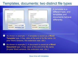 Templates, documents: two distinct file types Save time with templates A template is a different type, and templates and documents behave differently.  As shown in example 1: A template is saved as a  Word Template  type. It has .dotx at the end of its file name. (In prior Word versions, this extension was .dot.) As shown in example 2: A document is saved as a  Word Document  type. It has .docx at the end of its file name. (In prior Word versions, this extension was .doc.) 