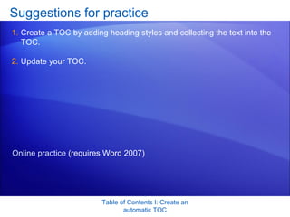 Toc Word Tutorial Word 2007-Table Of Contents Part 1 | PPT