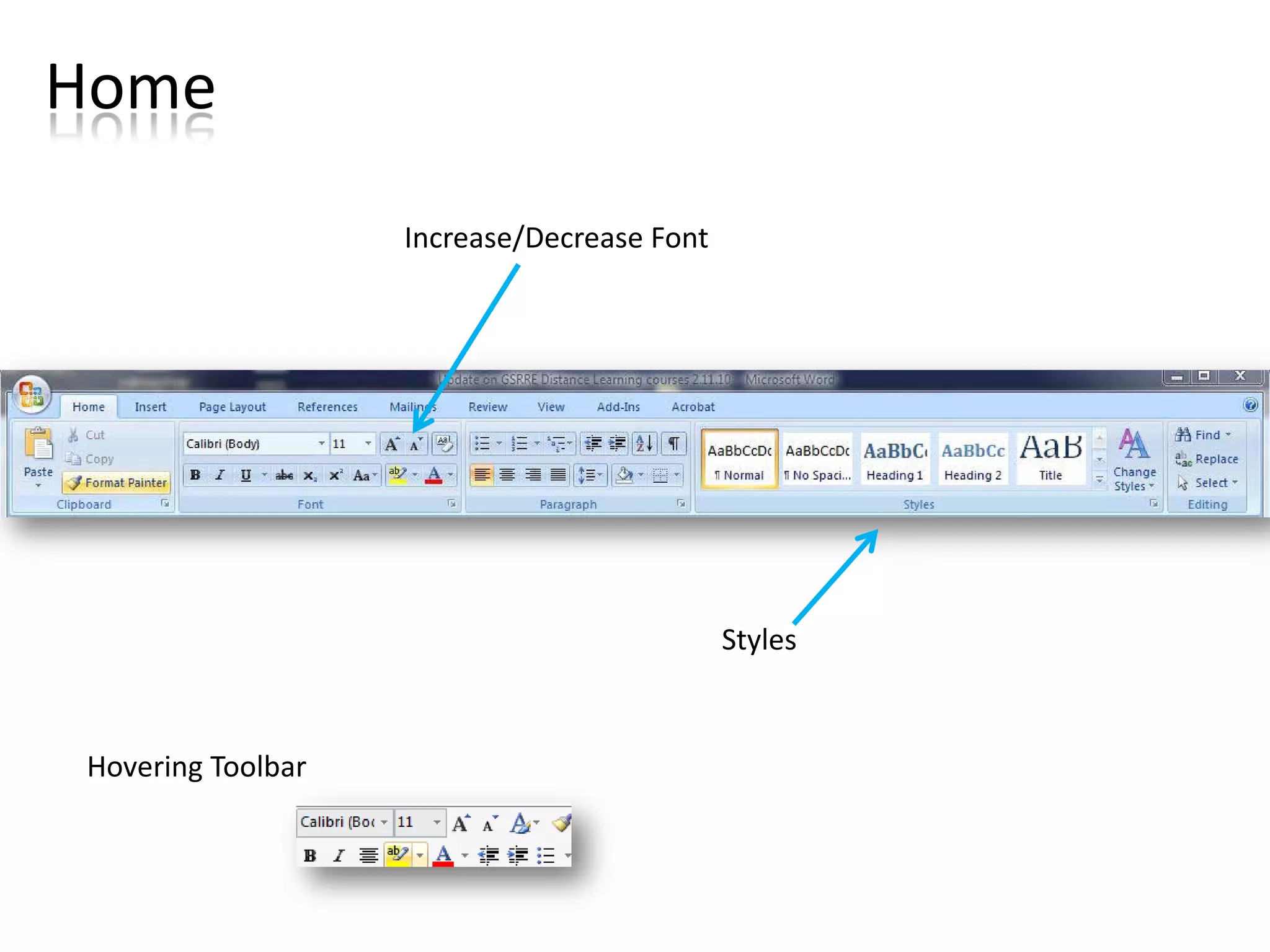 Home
                   Increase/Decrease Font




                                            Styles



Hovering Toolbar
 