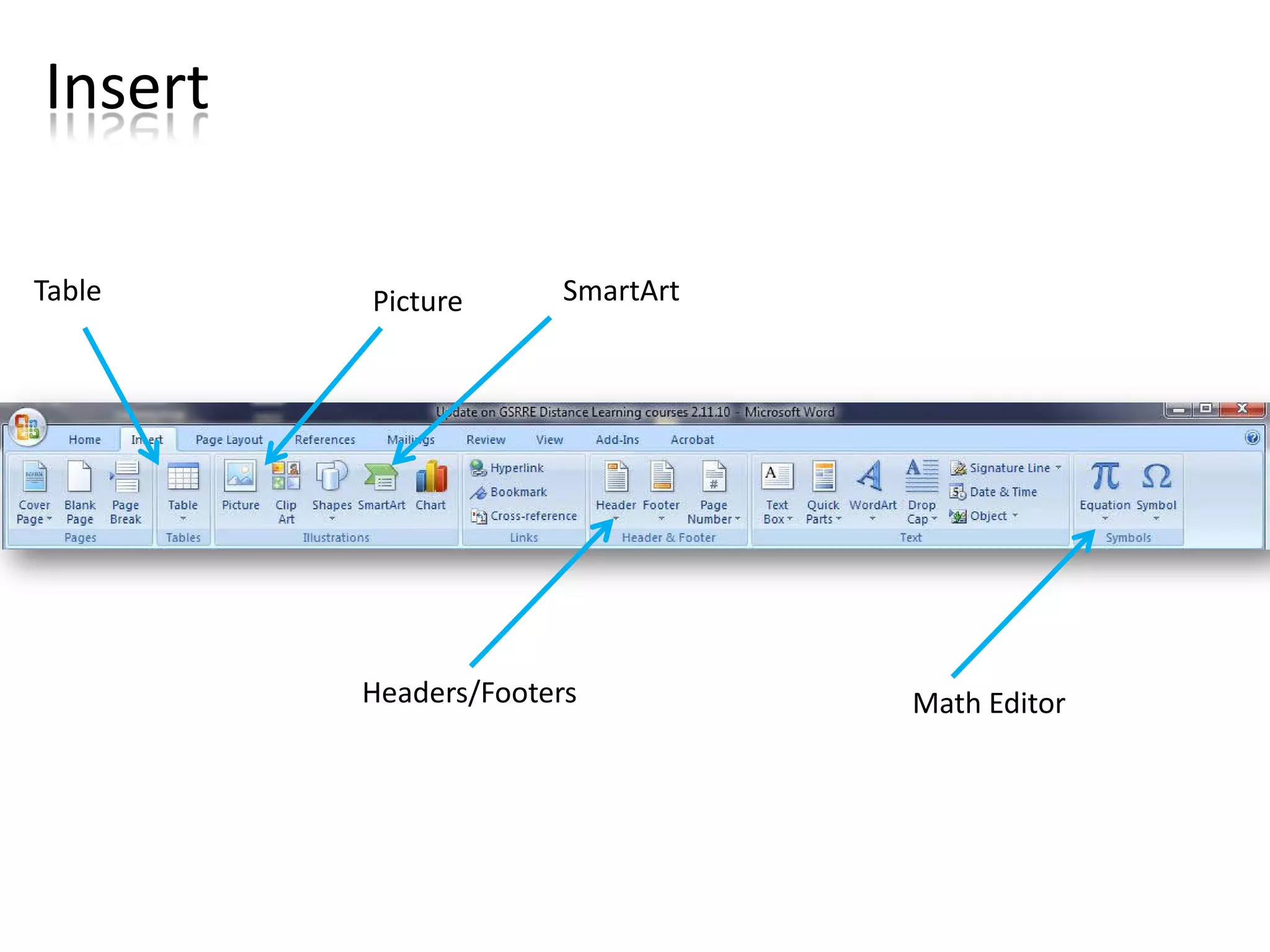 Insert

Table    Picture       SmartArt




         Headers/Footers          Math Editor
 