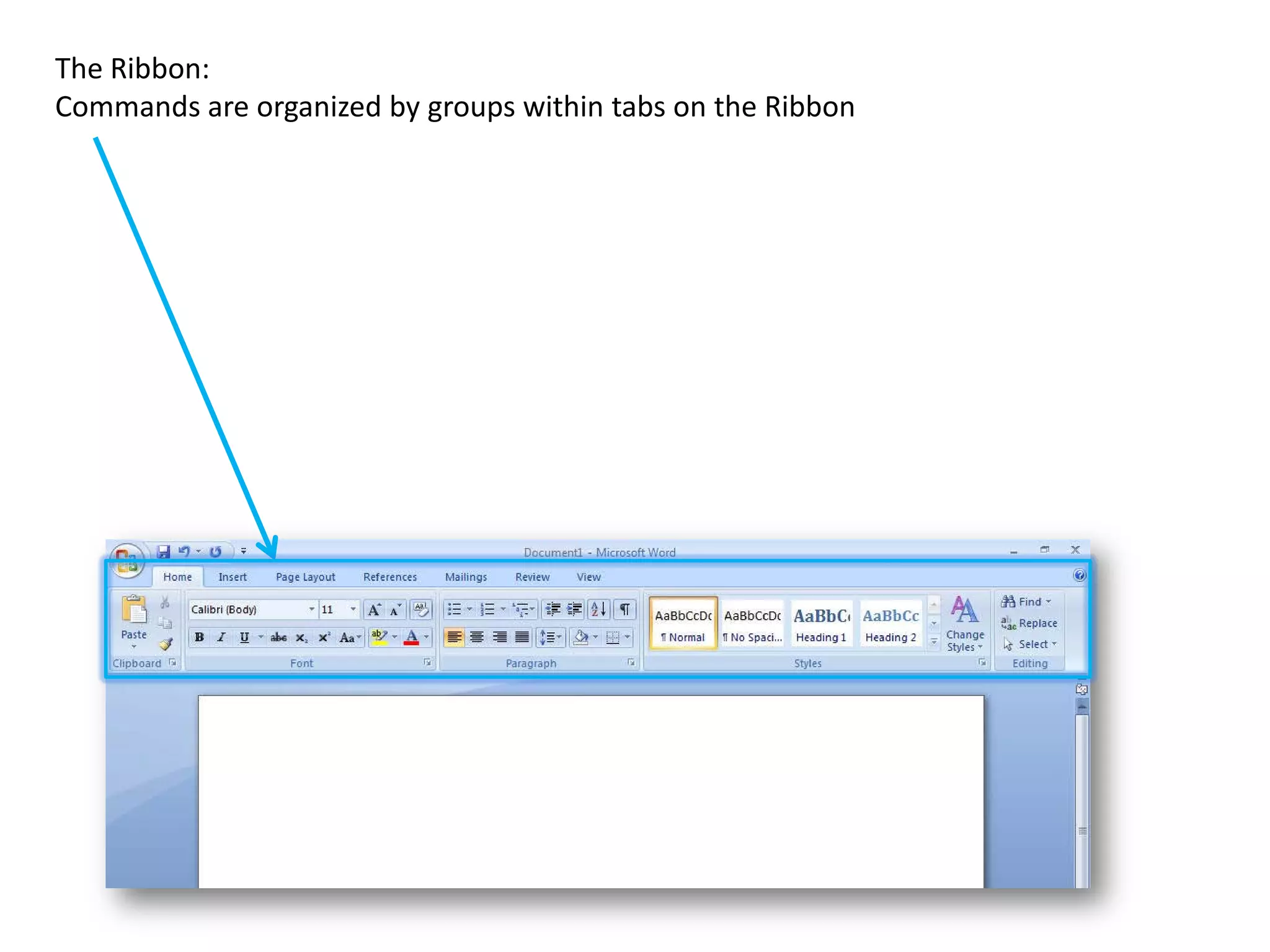 The Ribbon:
Commands are organized by groups within tabs on the Ribbon
 
