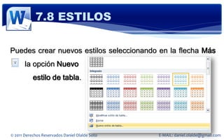 7.8 ESTILOS

Puedes crear nuevos estilos seleccionando en la flecha Más
ddd la opción Nuevo
           estilo de tabla.




© 2011 Derechos Reservados Daniel Olalde Soto   E-MAIL: daniel.olalde@gmail.com
 