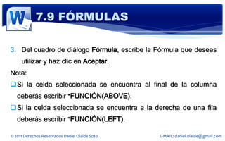 7.9 FÓRMULAS

3. Del cuadro de diálogo Fórmula, escribe la Fórmula que deseas
     utilizar y haz clic en Aceptar.
Nota:
Si la celda seleccionada se encuentra al final de la columna
   deberás escribir ⁼FUNCIÓN(ABOVE).
Si la celda seleccionada se encuentra a la derecha de una fila
   deberás escribir ⁼FUNCIÓN(LEFT).

© 2011 Derechos Reservados Daniel Olalde Soto   E-MAIL: daniel.olalde@gmail.com
 
